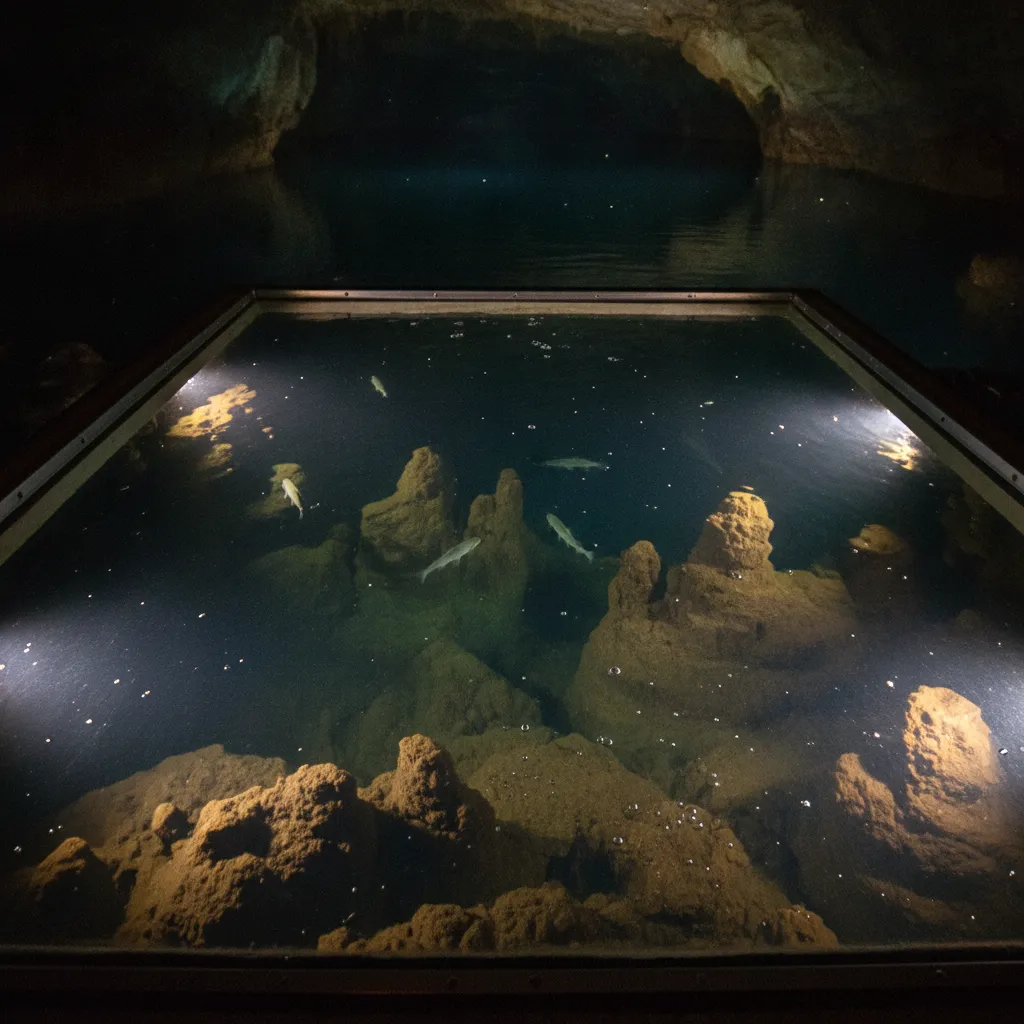 A glass-bottom boat with visitors gliding across the crystal-clear waters of The Lost Sea, illuminated by soft cave lights.
