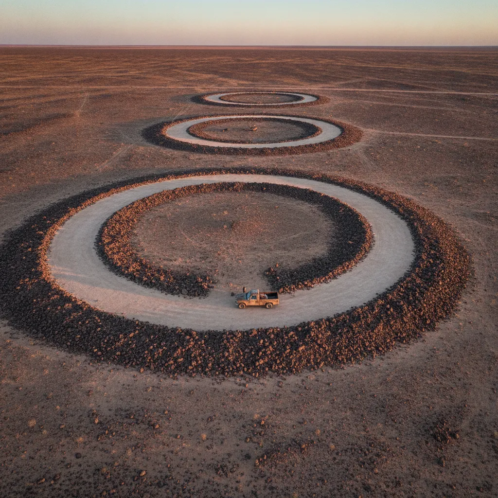 Aerial view of the enormous 'M-O-O-N' letters carved into the Nevada desert floor, surrounded by sparse scrubland.