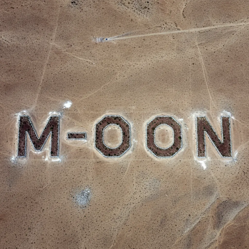 Close-up aerial view showing the intricate detail of cleared rocks forming part of the 'M' letter, contrasting with the surrounding desert.