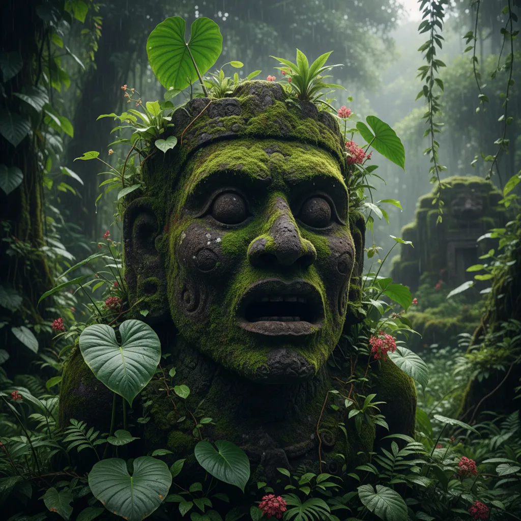 A large, moss-covered stone kalamba (ancient jar) standing in a verdant jungle clearing in the Bada Valley, Central Sulawesi.