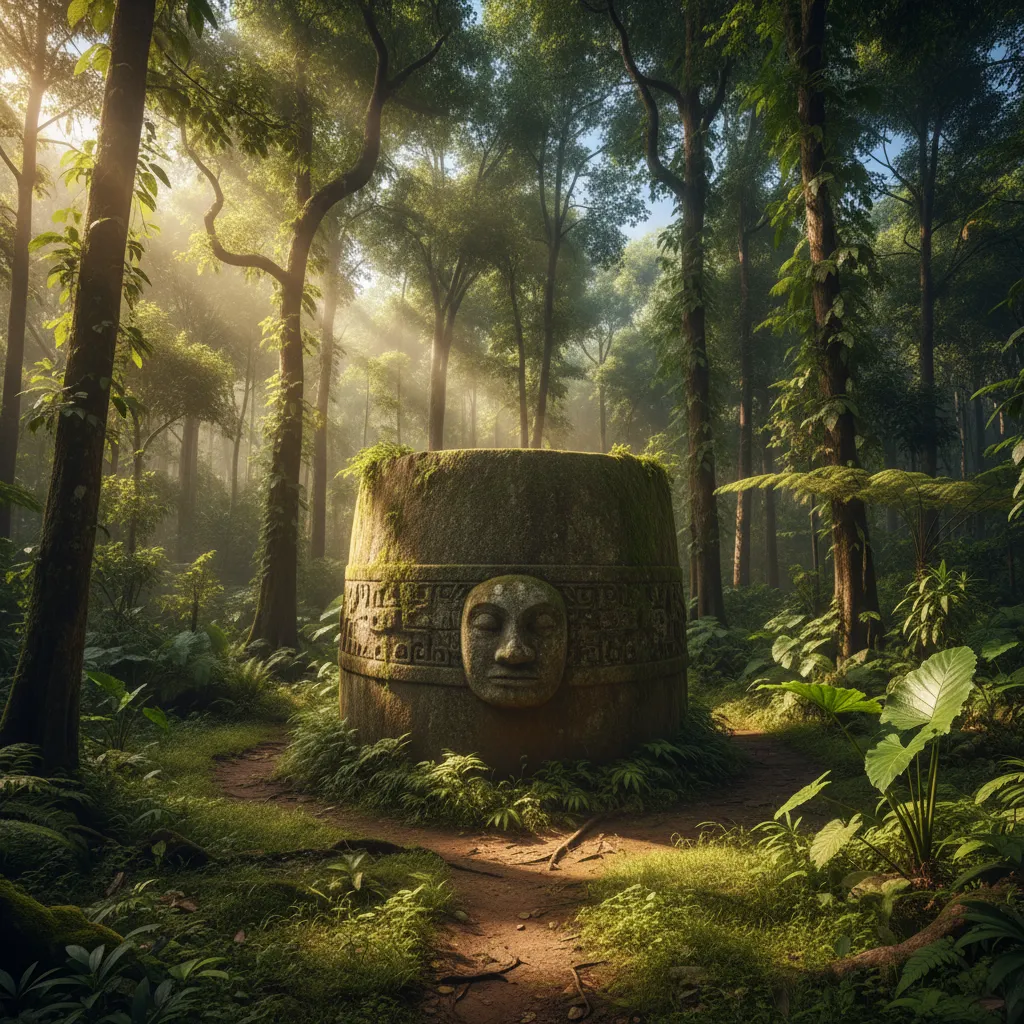 An eerie anthropomorphic stone statue (tutu) with distinct facial features, partially covered in moss, standing in a jungle setting in Lore Lindu National Park.
