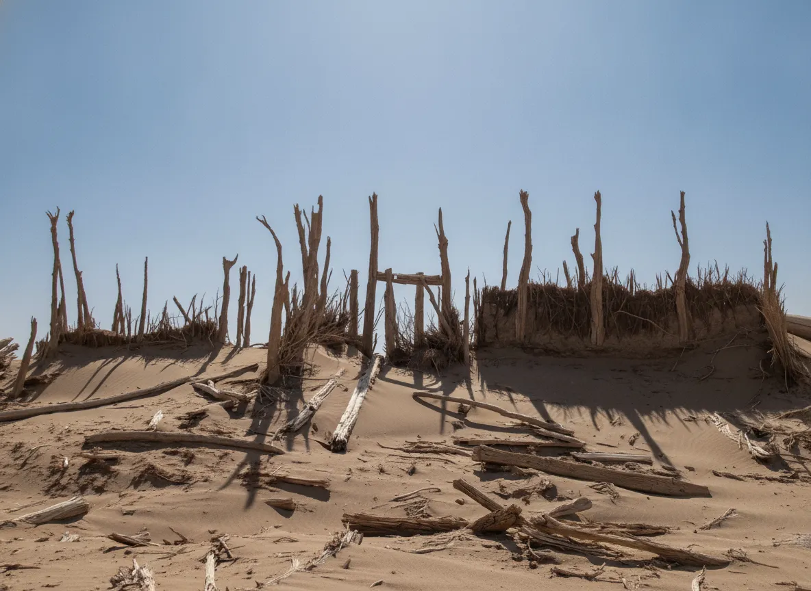 Eerie, upright mummified poplar trees emerging from golden desert dunes in Lop Nur at sunset.