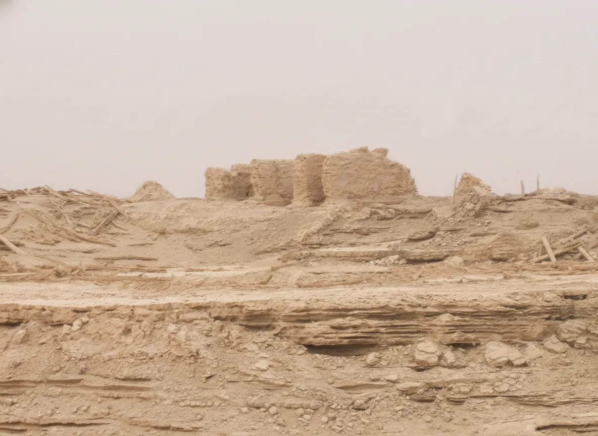 A 4x4 vehicle dwarfed by massive sand dunes in the Taklamakan Desert, approaching a distant cluster of mummified trees.
