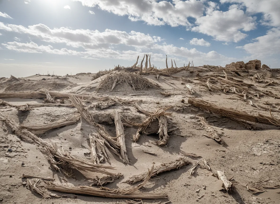 Close-up of a gnarled, twisted mummified poplar tree trunk, showing its ancient, desiccated wood texture.