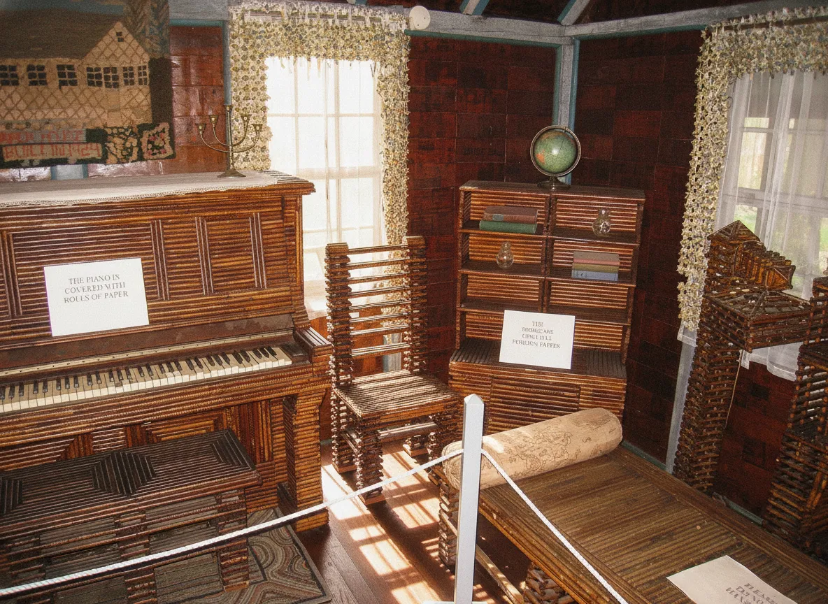 Exterior view of The Paper House in Rockport, Massachusetts, showing its unique textured walls made of rolled newspapers.