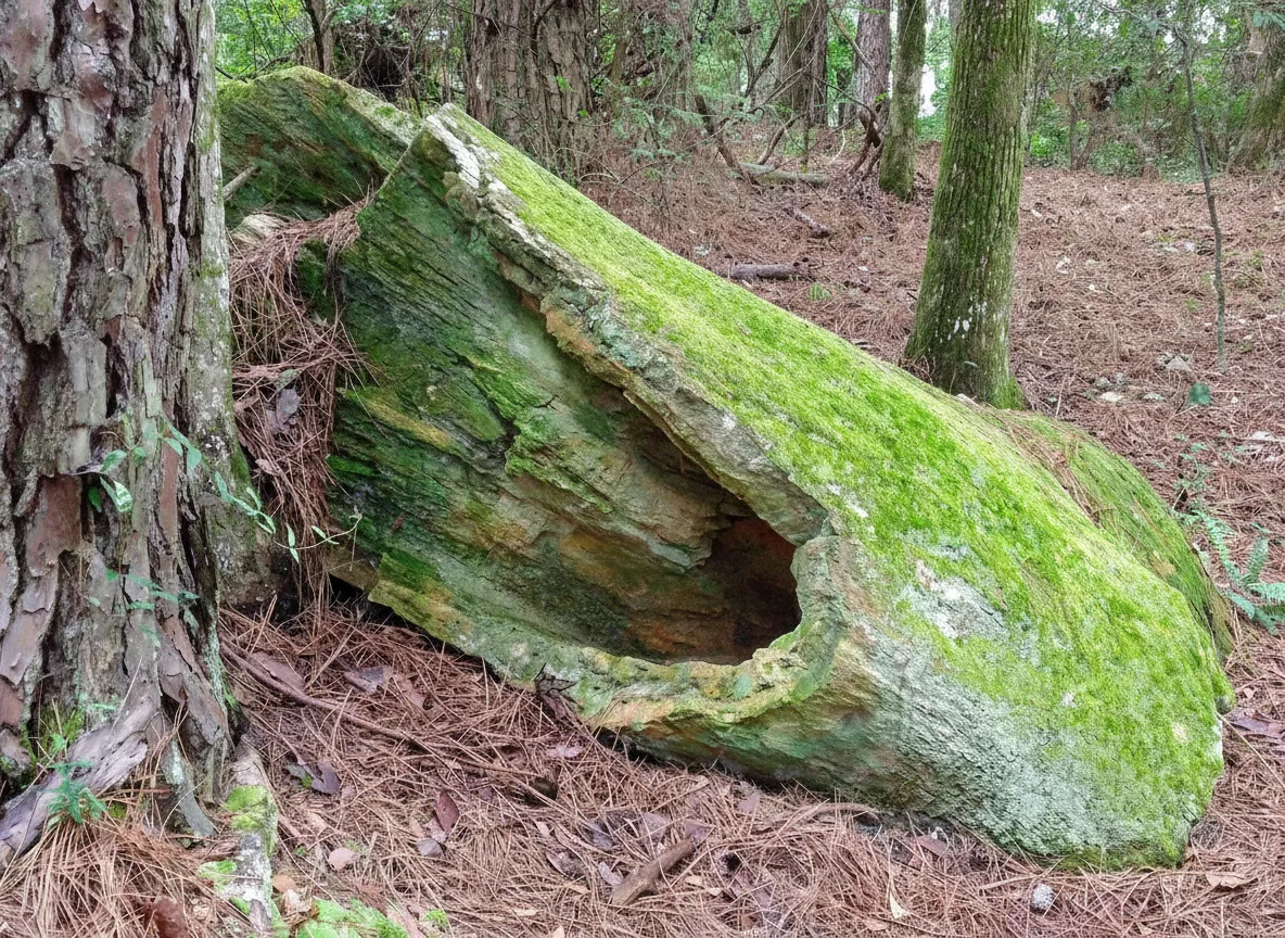 Massive petrified log with visible bark texture and growth rings in The Petrified Forest of Mississippi