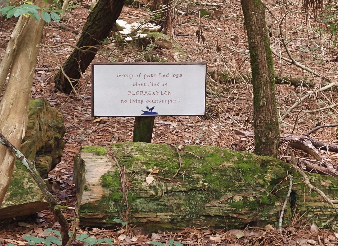 Visitor walking on a well-maintained nature trail surrounded by petrified logs in The Petrified Forest of Mississippi