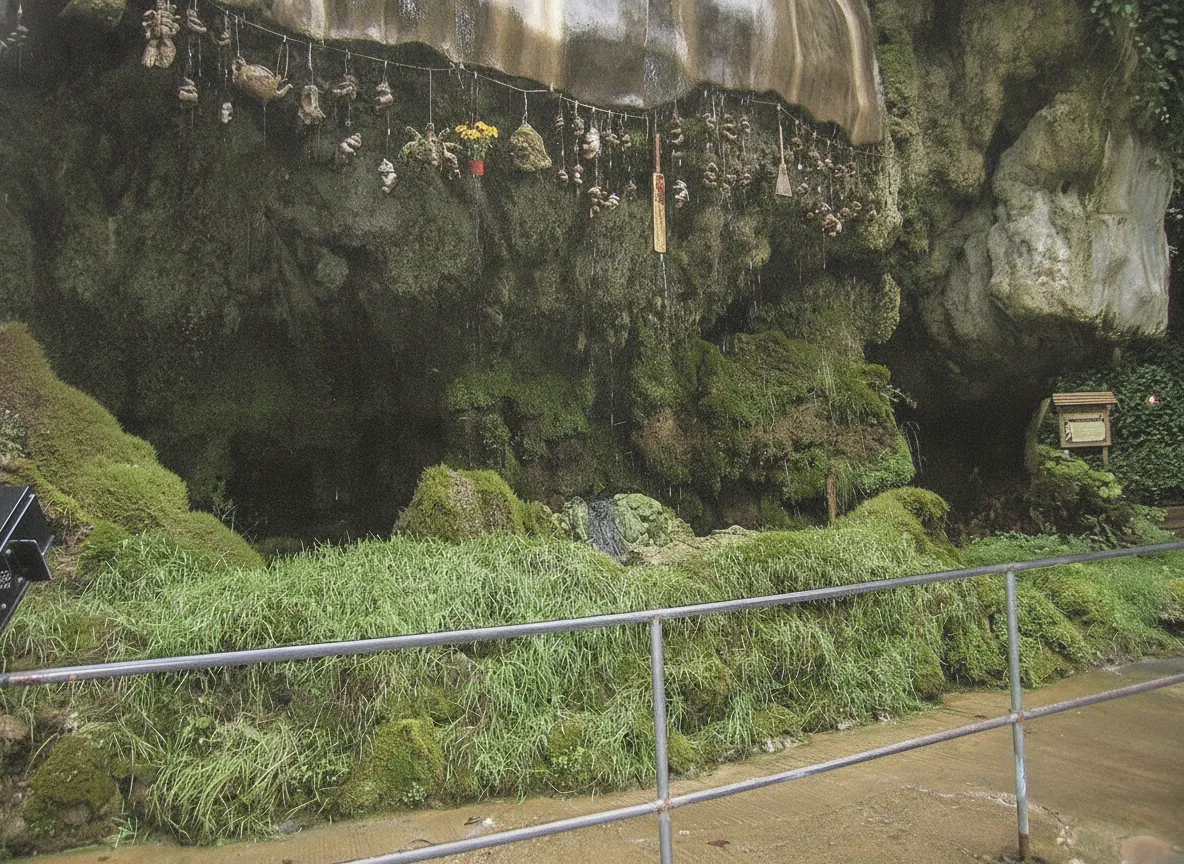 Various petrified objects hanging beneath the Petrifying Well waterfall, coated in stone.