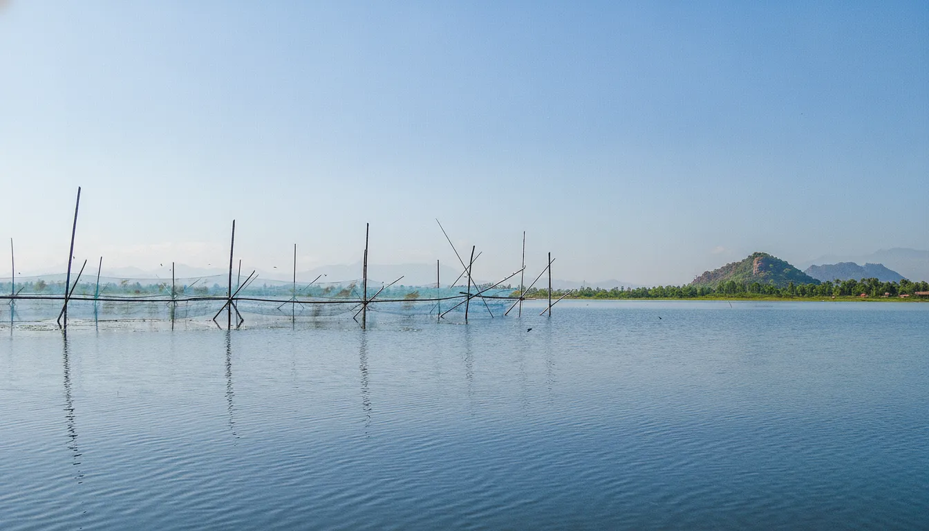 Aerial view of Loktak Lake with numerous circular phumdis and fishing huts