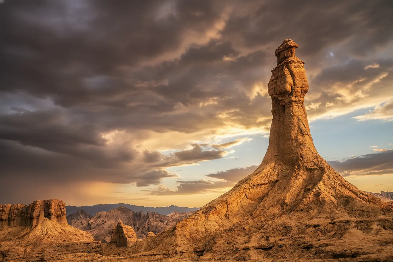 Witness a colossal rock formation sculpted by millennia of wind and rain into the eerie likeness of a regal woman, gazing eternally over Pakistan's desolate coastline.