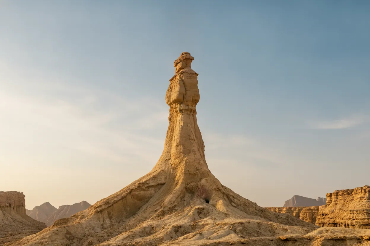 The breathtaking coastal landscape of Hingol National Park with unique rock formations and the Arabian Sea.