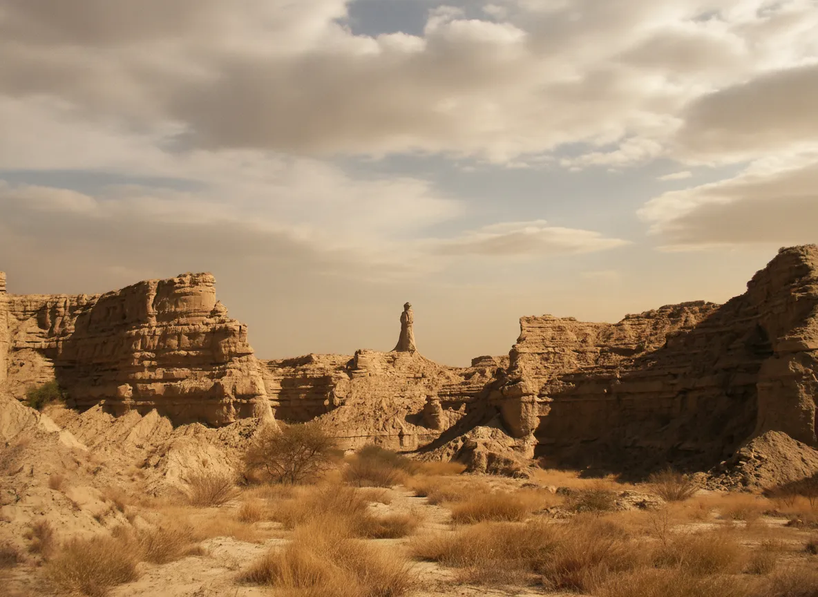Travelers exploring the rugged, arid landscape near the Princess of Hope in Balochistan.
