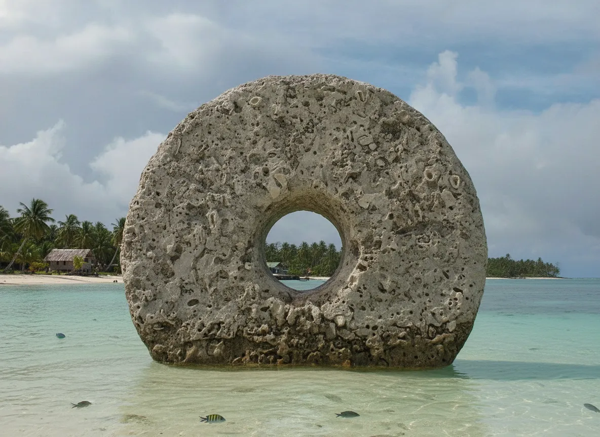 Massive Rai stone standing upright in a lush green village setting on Yap Island.