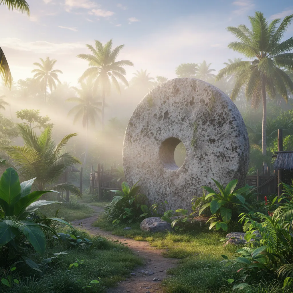 Panoramic view of a traditional Yapese village with thatched-roof houses and several Rai stones scattered amongst the greenery.