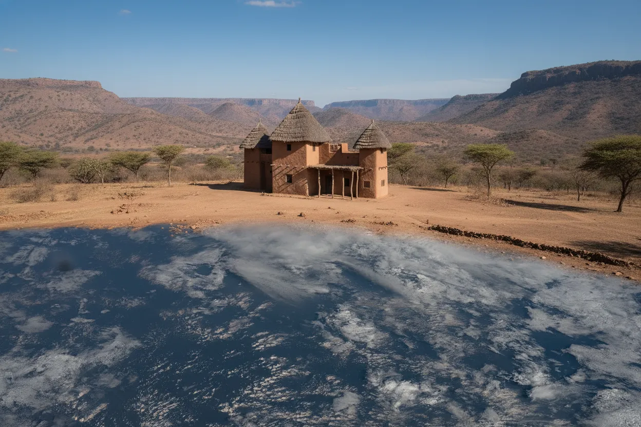Panoramic view of the Seven Sisters of Semeio, showing multiple Tata Somba houses against the backdrop of the Atakora Mountains.