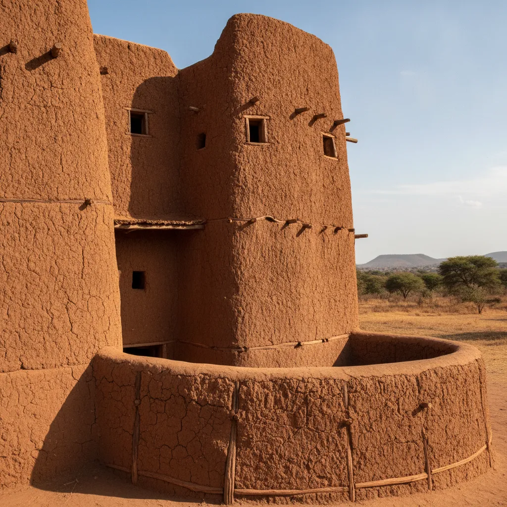 Close-up view of a Tata Somba house entrance, showing intricate mud work and a small, defensive doorway.