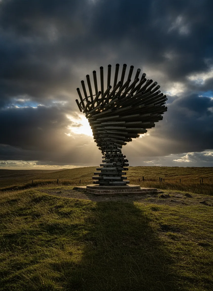 Imagine a colossal, wind-powered symphony orchestra sculpted from galvanized steel pipes, perched high on a hill overlooking the Pennine moors.