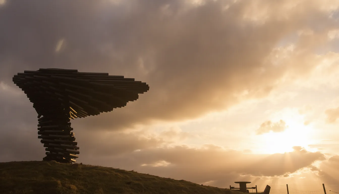 The Singing Ringing Tree sculpture against a dramatic sky on the Pennine moors.