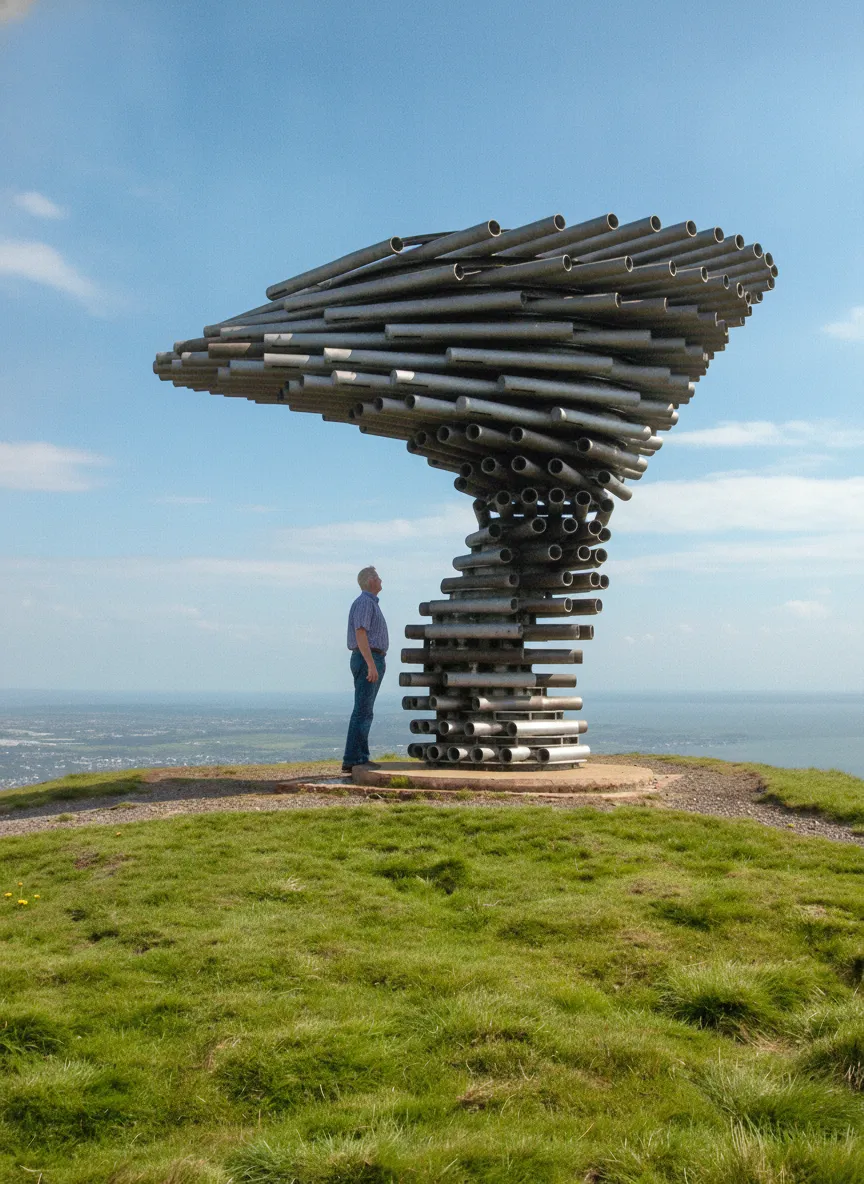 Close-up of the galvanized steel pipes of The Singing Ringing Tree, showing the intricate structure.