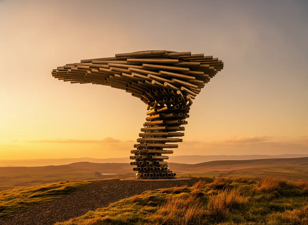 Panoramic view from Crown Point, showing the Pennine moors and distant towns, with the Singing Ringing Tree in the foreground.