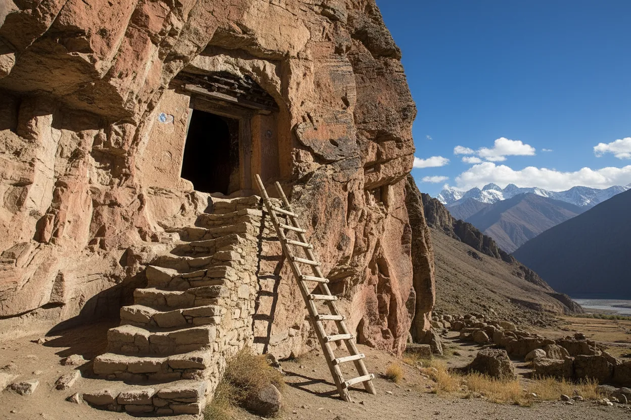 Distant view of hundreds of ancient Sky Caves carved into a towering, barren cliff face in Mustang, Nepal, with the Kali Gandaki River visible far below.