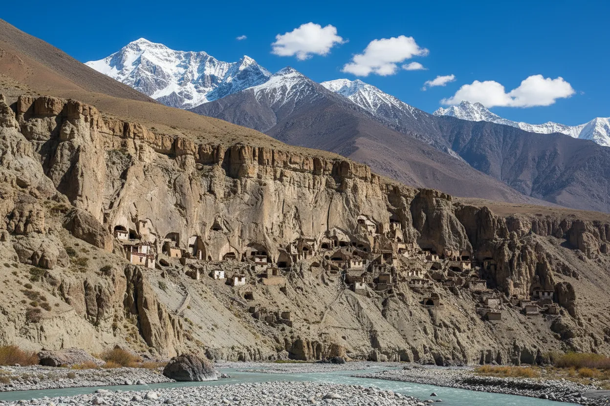 Interior view of a Sky Cave, showing ancient Buddhist murals with vibrant colors depicting deities and mandalas, illuminated by natural light from an opening.