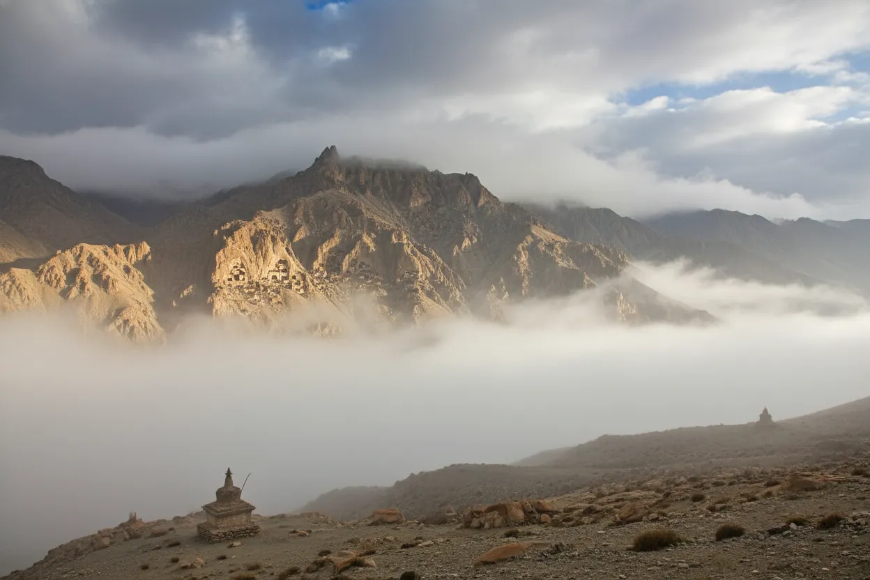 A lone trekker stands on a mountain trail in Upper Mustang, looking out at a vast, arid landscape of towering cliffs and deep valleys under a clear blue sky.