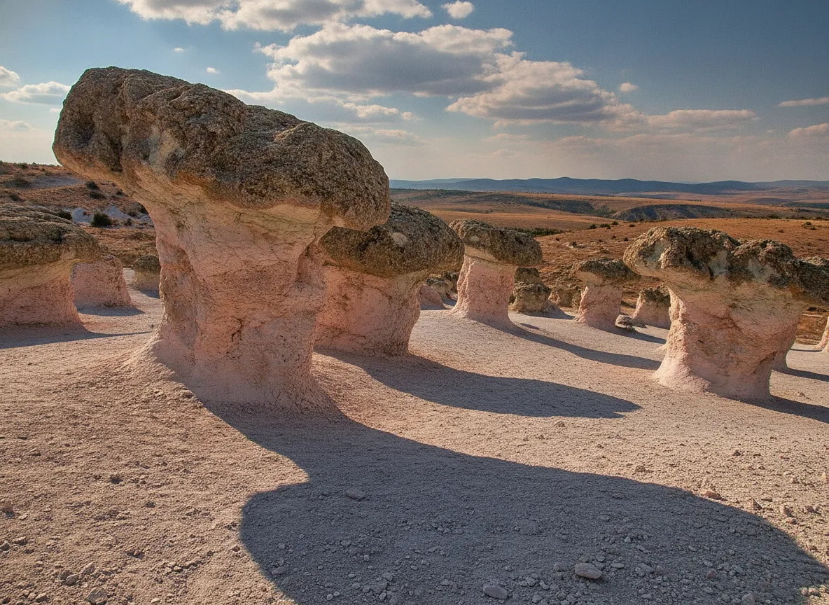 Near a tiny village in Bulgaria, a magical forest of massive, naturally carved stone mushrooms rises from the earth, looking like something out of a fantasy novel.