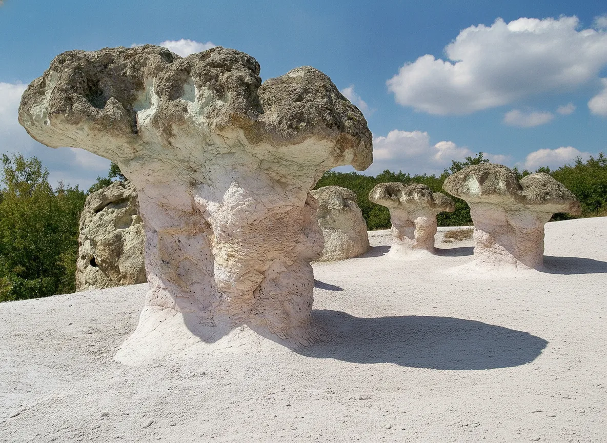 A wide shot of the Stone Mushrooms in Bulgaria, showing their unique shapes and colors against a clear sky.