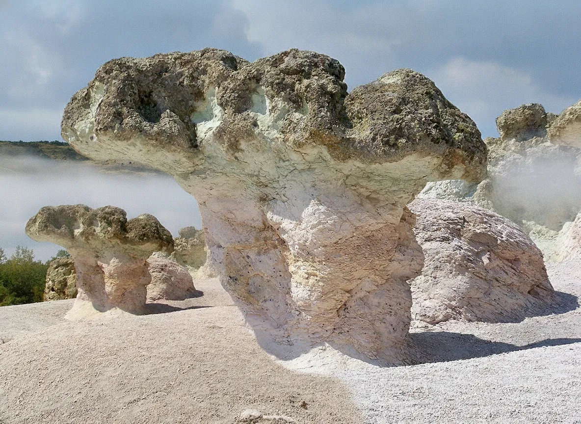 A group of visitors admiring the Stone Mushrooms from a distance, showing the scale of the formations relative to people.