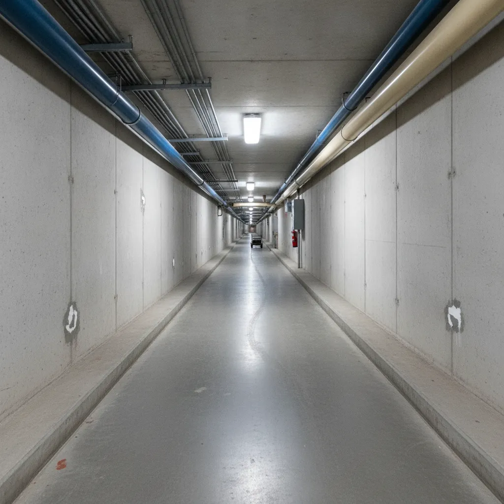 Entrance to a Mooseheart tunnel, showing clean, well-lit passage with a sturdy concrete structure.