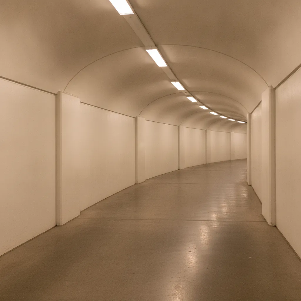 Students walking through a well-lit, clean underground tunnel at Mooseheart, heading towards a classroom building.