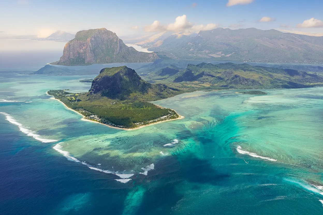 Off the coast of a tropical paradise, a breathtaking optical illusion creates the uncanny spectacle of a massive waterfall plunging deep into the ocean abyss.