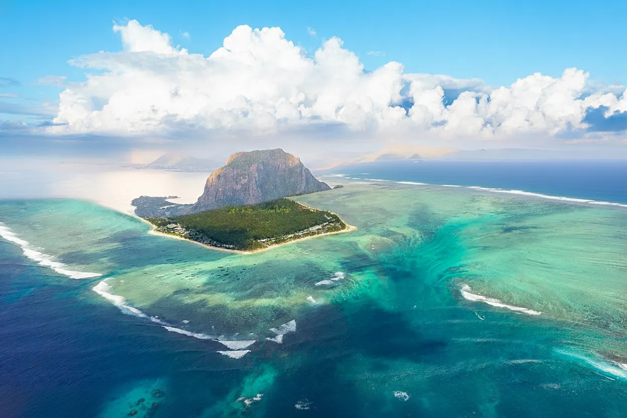 Aerial view of the 'Underwater Waterfall' illusion off Le Morne Brabant, Mauritius, showing sand creating a cascading effect into deep blue water.