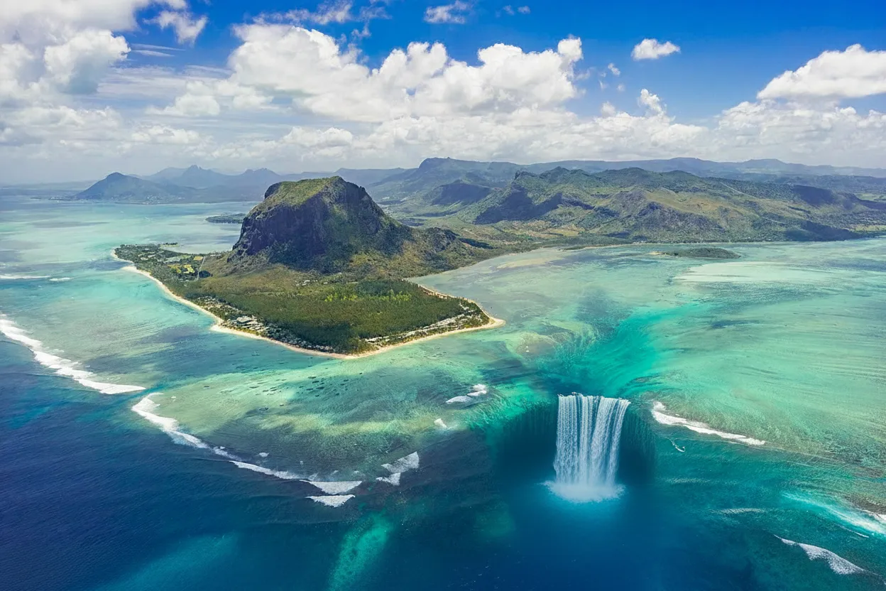 Stunning aerial view of the Le Morne Brabant peninsula and the surrounding turquoise waters, with the 'Underwater Waterfall' illusion clearly visible.