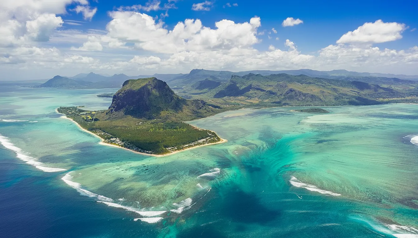 A helicopter flying over the stunning coastline of Mauritius, with the 'Underwater Waterfall' visible in the distance, emphasizing the aerial perspective needed.