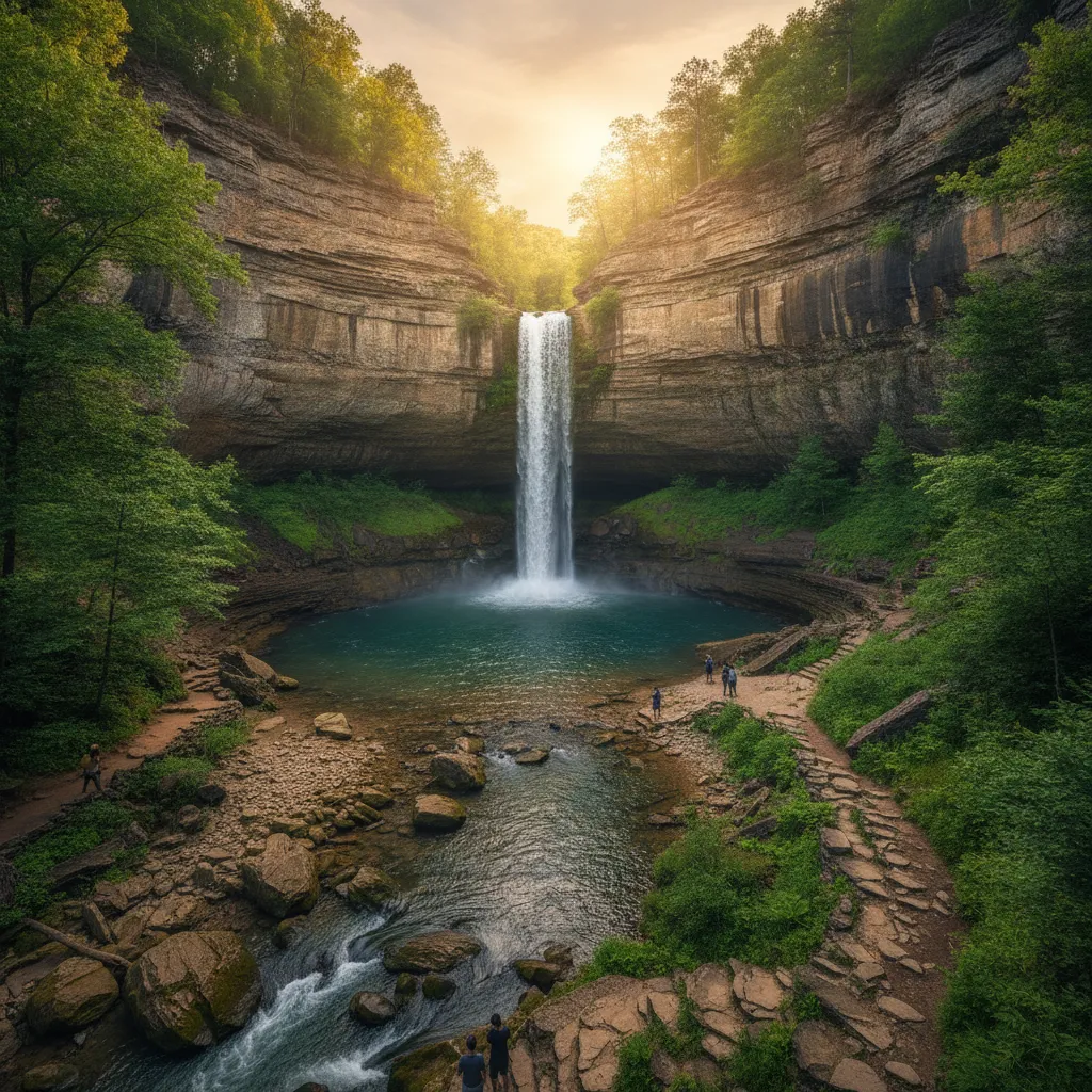 Descend into a colossal limestone amphitheater, where a towering waterfall plunges into an otherworldly bowl, marking the secret heart of the 'Grand Canyon of the South' on the Alabama-Tennessee border.