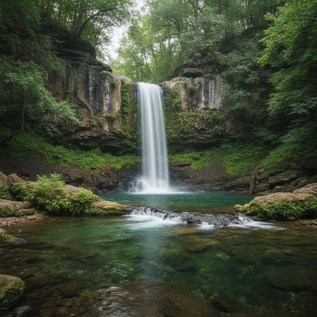 80-foot waterfall cascading into a clear pool at the bottom of the Walls of Jericho