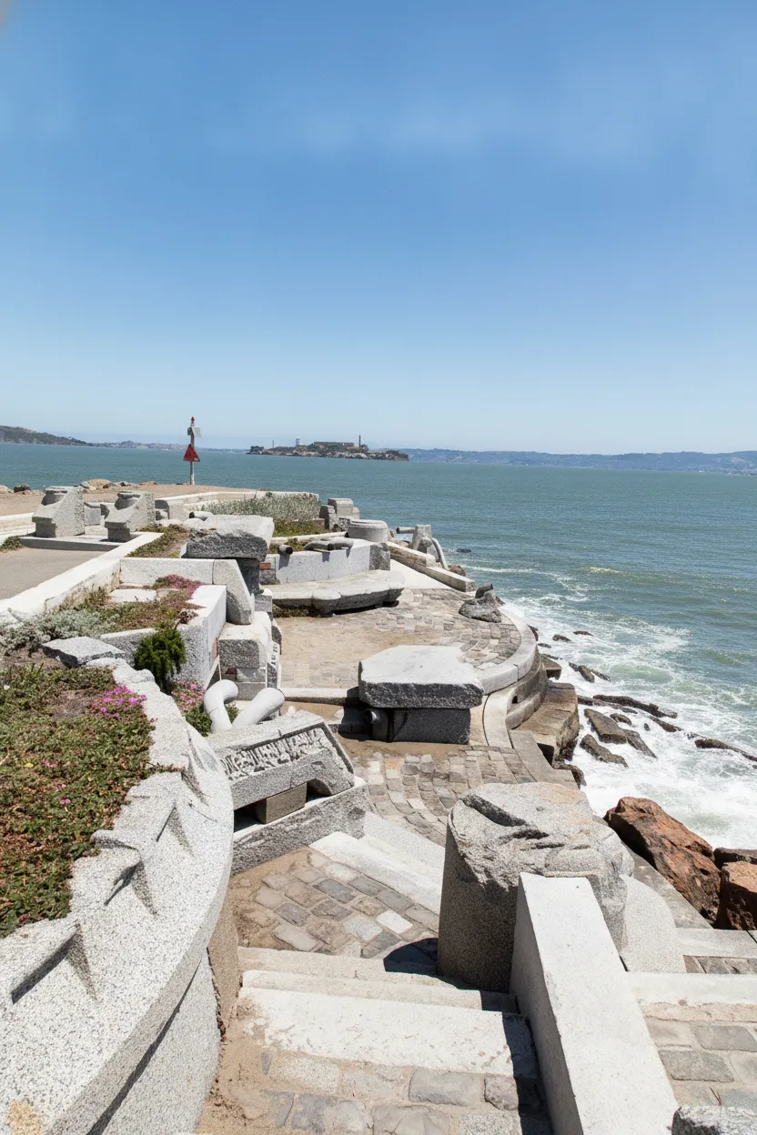 The Wave Organ's various pipes and concrete structures jutting into the San Francisco Bay, with the city skyline in the distance