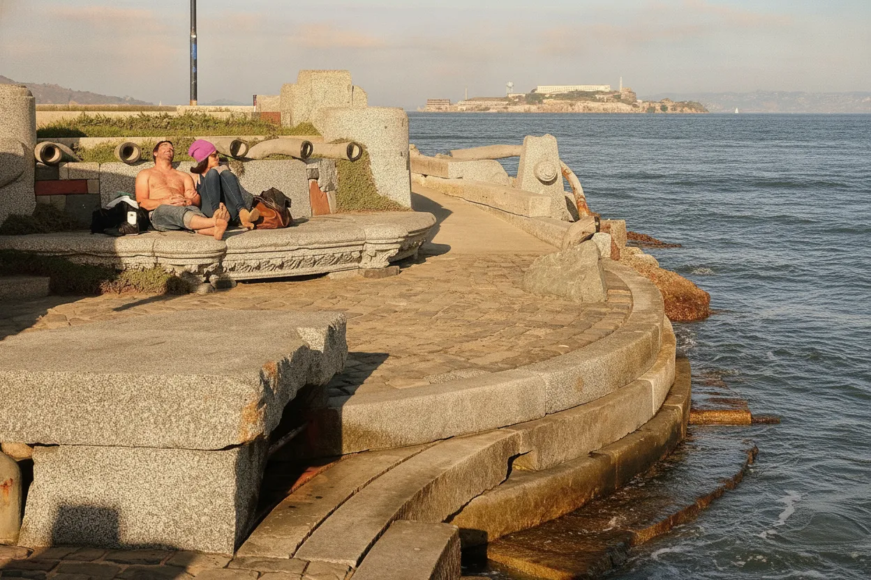 A visitor listening intently at one of The Wave Organ's pipes, with the San Francisco Bay and Alcatraz Island in the background
