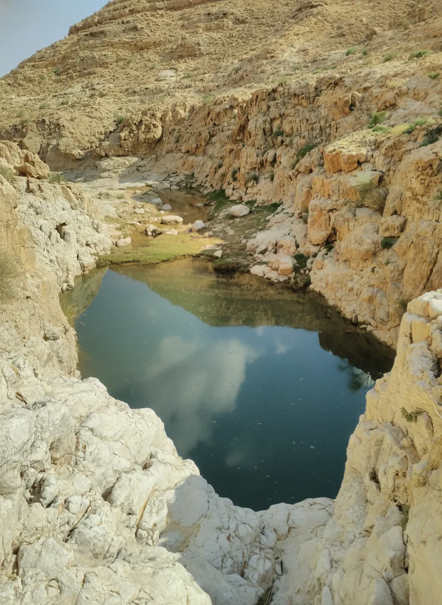 The hidden spring, Ein Shaviv, within the White Canyon, showing lush green vegetation contrasting with the white chalkstone walls.