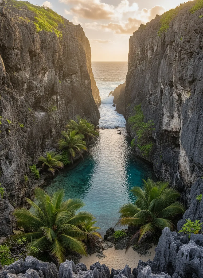 Descend into a hidden, jungle-filled gorge on a remote Pacific island, where a pristine freshwater pool meets the churning ocean through ancient limestone.