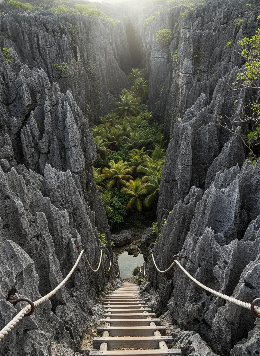 View of the lush palm forest within Togo Chasm, surrounded by towering limestone cliffs