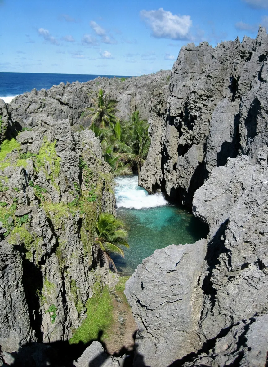 Adventurers descending a rope and ladder into Togo Chasm, with the Pacific Ocean visible in the distance