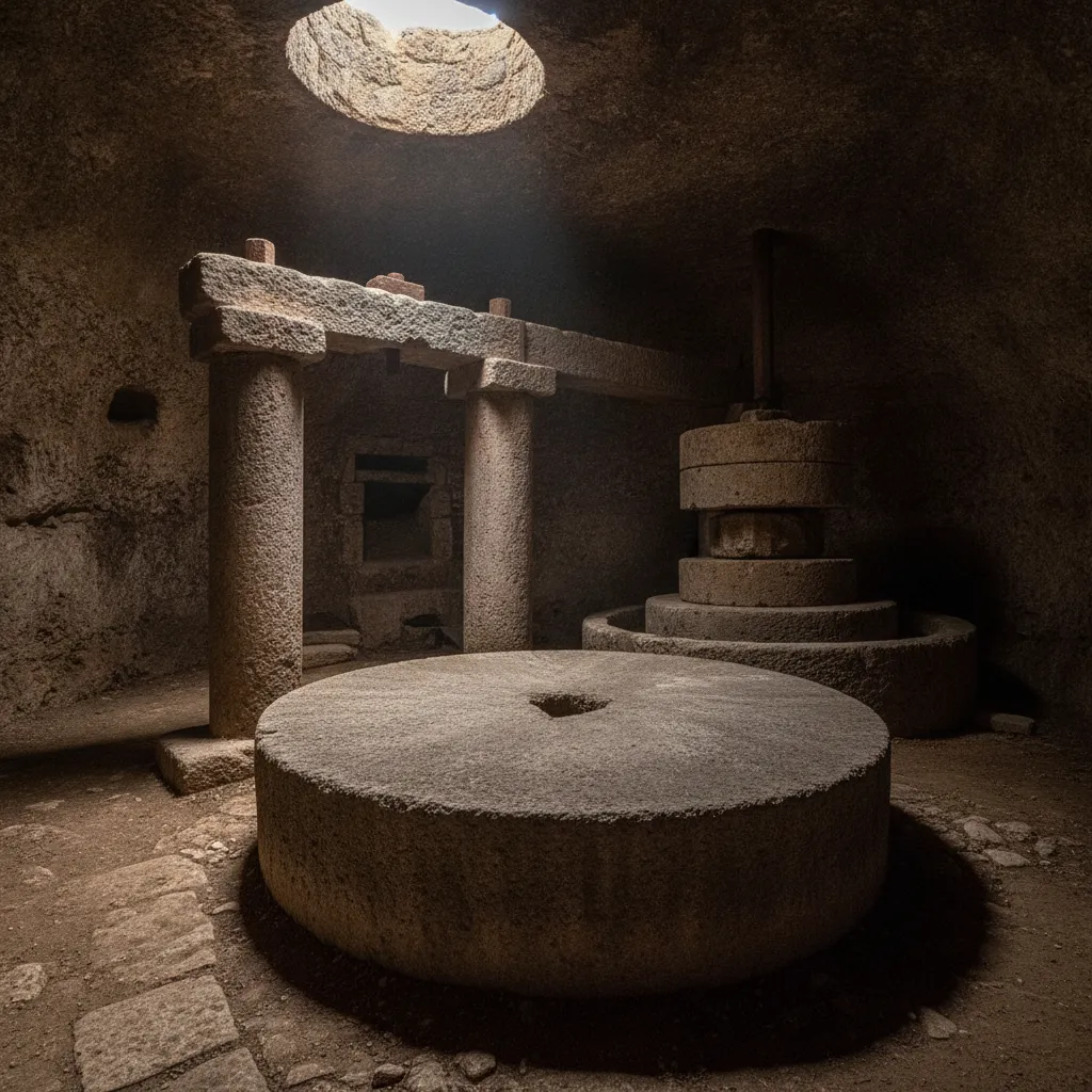 Vast underground chamber of Trappeto Ipogeo di Spongano, showing ancient olive press and millstones carved into the rock.