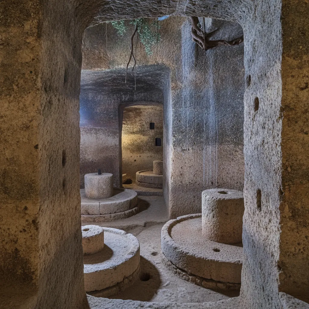 Close-up of a hand-carved giant millstone inside the underground olive mill, showing intricate details and wear from centuries of use.