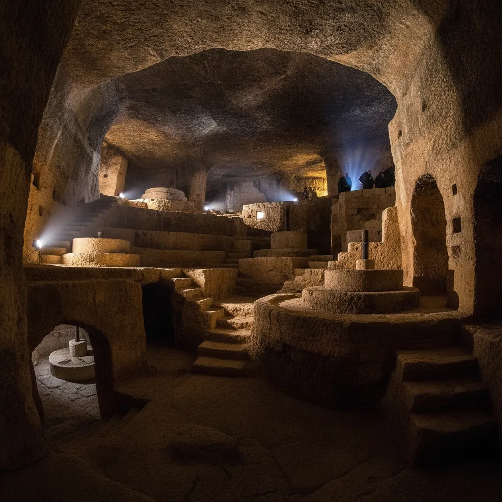 Entrance to the Trappeto Ipogeo di Spongano, a stone staircase leading down into the cool darkness from the bright Puglian landscape.