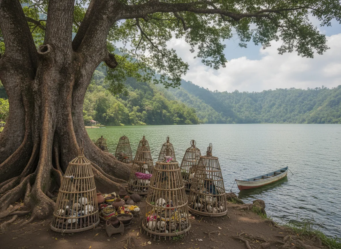 Traditional Bali Aga village with Lake Batur and volcano in background