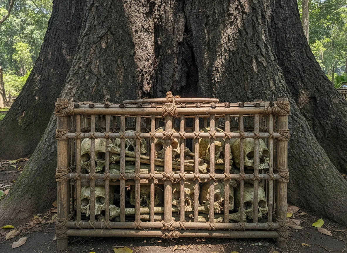 Bamboo cages under the Taru Menyan tree at Trunyan Cemetery, with Lake Batur in background