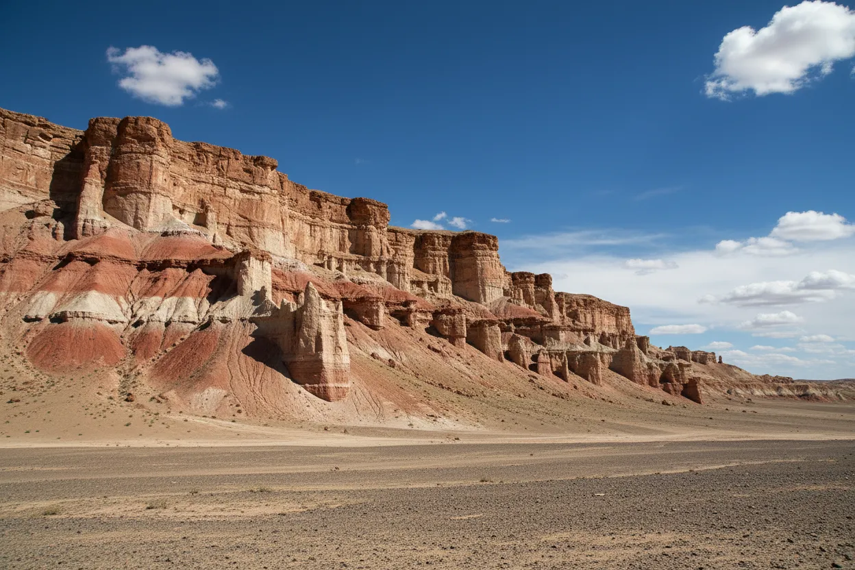 Panoramic view of Tsagaan Suvarga at sunset, showing red and orange cliffs with intricate erosion patterns.